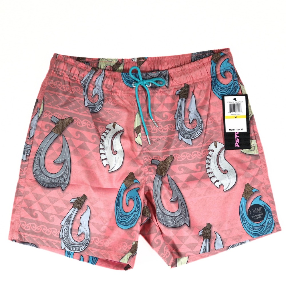 Psycho Tuna Swim Trunks Mens M Peach Hawaiian Hooks Board Shorts NWT Beach Pool